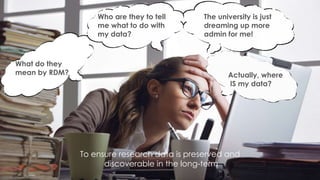 Actually, where
IS my data?
What do they
mean by RDM?
Who are they to tell
me what to do with
my data?
The university is just
dreaming up more
admin for me!
To ensure research data is preserved and
discoverable in the long-term
 