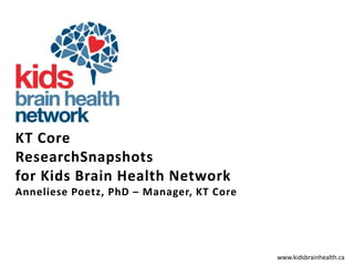 www.kidsbrainhealth.ca
KT Core
ResearchSnapshots
for Kids Brain Health Network
Anneliese Poetz, PhD – Manager, KT Core
 