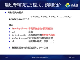 Aug. 2015¸()Ƽ޹˾-20-
ͨרȷʽԤɼ
? רȷʽ

? Leading Score: רȷ (Ԥɼ)
? C0: 
? x1, x2, x3, ....xn: Եרָ
? C1, C2, C3, ....Cn: רָȨϵ
? -1: 1(ȡȡ...)
? ﵽ95%䣬p**<0.05
 