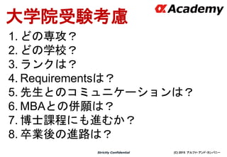 (C) 2015 アルファ・アンド・カンパニーStrictly Confidential
大学院受験考慮
1. どの専攻？
2. どの学校？
3. ランクは？
4. Requirementsは？
5. 先生とのコミュニケーションは？
6. MBAとの併願は？
7. 博士課程にも進むか？
8. 卒業後の進路は？
 