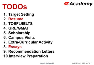 (C) 2015 アルファ・アンド・カンパニーStrictly Confidential
TODOs
1. Target Setting
2. Resume
3. TOEFL/IELTS
4. GRE/GMAT
5. Scholarship
6. Campus Visits
7. Extra-Curricular Activity
8. Essays
9. Recommendation Letters
10.Interview Preparation
 