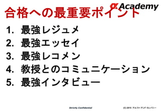 (C) 2015 アルファ・アンド・カンパニーStrictly Confidential
合格への最重要ポイント
1. 最強レジュメ
2. 最強エッセイ
3. 最強レコメン
4. 教授とのコミュニケーション
5. 最強インタビュー
 