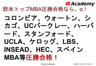 (C) 2015 アルファ・アンド・カンパニーStrictly Confidential
コロンビア、ウォートン、シ
カゴ、UCバークレー、ハーバ
ード、スタンフォード、
UCLA、ケロッグ、LBS、
INSEAD、HEC、スペイン
MBA等圧勝合格！
35
欧米トップMBA圧勝合格なら、α！
 