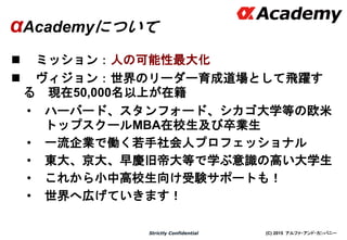 (C) 2015 アルファ・アンド・カンパニーStrictly Confidential
αAcademyについて
 ミッション：人の可能性最大化
 ヴィジョン：世界のリーダー育成道場として飛躍す
る 現在50,000名以上が在籍
• ハーバード、スタンフォード、シカゴ大学等の欧米
トップスクールMBA在校生及び卒業生
• 一流企業で働く若手社会人プロフェッショナル
• 東大、京大、早慶旧帝大等で学ぶ意識の高い大学生
• これから小中高校生向け受験サポートも！
• 世界へ広げていきます！
6
 