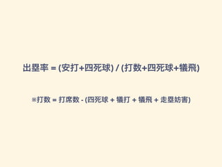 出塁率 = (安打+四死球) / (打数+四死球+犠飛)
※打数 = 打席数 - (四死球 + 犠打 + 犠飛 + 走塁妨害)
 