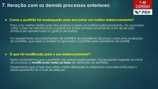 7. Iteração com os demais processos anteriores:
 Como o portfólio foi readequado para encontrar um melhor balanceamento?
Para uma melhor distribuição dos projetos e obter um melhor balanceamento, foi necessário
voltar a fase de identificação e passar por todas as fases novamente a fim de ter esta
distribuição apresentada no gráfico de bolhas.
Foi apresentado aos stakeholders de LISARB e ao presidente (Sponsor), para uma avaliação
do portfólio, que após a análise foi aprovado o portfólio pelo presidente de LISARB.
 O que foi modificado para o seu balanceamento?
Após constatarmos que o portfólio não estava balanceado, foi necessário regredir ao início
do processo e modificando todas as fases de definição do portfólio.
Observamos que a fase que sofreu maior alteração ou alteração mais relevante para o
balanceamento foi a fase de seleção.
 