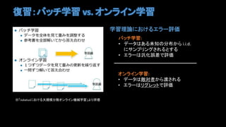 復習：バッチ学習 vs. オンライン学習
※「Jubatusにおける大規模分散オンライン機械学習」より拝借
学習理論におけるエラー評価
バッチ学習:
• データはある未知の分布から i.i.d.
にサンプリングされるとする
• エラーは汎化誤差で評価
オンライン学習:
• データは敵対者から渡される
• エラーはリグレットで評価
 