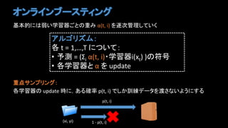 オンラインブースティング
基本的には弱い学習器ごとの重み α(t, i) を逐次管理していく
重点サンプリング：
各学習器の update 時に，ある確率 p(t, i) でしか訓練データを渡さないようにする
アルゴリズム：
各 t = 1,…,T について：
• 予測 = (Σi α(t, i)・学習器i(xt) )の符号
• 各学習器と α を update
(xi, yi)
p(t, i)
1 - p(t, i)
 