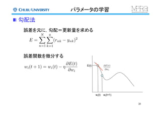 パラメータの学習	
 勾配法	
誤差を元に，勾配＝更新量を求める	
E =
NX
n=1
qX
k=1
(rnk ynk)2
誤差関数を微分する	
wi(t)	
 wi(t+1)	
E(t)	
 @E(t)
@wi
wi(t + 1) = wi(t) ⌘
@E(t)
@wi
31	
 