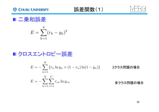 誤差関数（１）	
 二乗和誤差	
E =
qX
k=1
(rk yk)2
 クロスエントロピー誤差	
E =
NX
n=1
{rn ln yn + (1 rn) ln(1 yn)}
E =
NX
n=1
CX
c=1
rcn ln ycn
2クラス問題の場合	
多クラス問題の場合	
32	
 