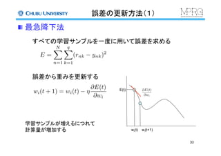 誤差の更新方法（１）	
 最急降下法	
すべての学習サンプルを一度に用いて誤差を求める	
E =
NX
n=1
qX
k=1
(rnk ynk)2
誤差から重みを更新する	
wi(t)	
 wi(t+1)	
E(t)	
 @E(t)
@wi
学習サンプルが増えるにつれて
計算量が増加する	
wi(t + 1) = wi(t) ⌘
@E(t)
@wi
33	
 