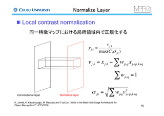Normalize Layer	
 Local contrast normalization	
Convolutional layer	
 Normalize layer	
同一特徴マップにおける局所領域内で正規化する	
vj,k = xj,k − wp,q xj+p,k+q∑
wp,q =1∑
yj,k =
vj,k
max(C,σ jk )
σ jk = wpqvj+p,k+q
2
∑
K. Jarrett, K. Kavukcuoglu, M. Ranzato and Y.LeCun ,“What is the Best Multi-Stage Architecture for
Object Recognition?”, ICCV2009	
 45	
 