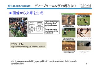 ディープラーニングの現在（３）	
 画像から文章を生成	
http://googleresearch.blogspot.jp/2014/11/a-picture-is-worth-thousand-
coherent.html	
デモページあり
http://deeplearning.cs.toronto.edu/i2t	
5	
 