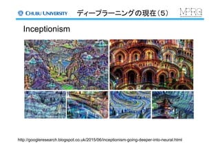 ディープラーニングの現在（５）	
Inceptionism	
http://googleresearch.blogspot.co.uk/2015/06/inceptionism-going-deeper-into-neural.html	
 