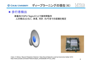 ディープラーニングの現在（６）	
  歩行者検出	
I.Sato, H. Niihara, “Beyond Pedestrian Detection: Deep Neural Networks Level-Up Automotive Safety”,2014
https://www.youtube.com/watch?feature=player_embedded&v=9Y7yzi_w8qo	
車載向けGPU Tegra K1上で実時間動作
　人の検出とともに，身長，向き，カメラまでの距離を推定
8	
 