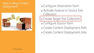 #SPFSeattle @pgbhoyar
How to Setup Content
Deployment? Configure Destination Farm
Activate Feature in Source Site
Collection
Create Target Site Collection
Configure Source Farm
Create Content Deployment Path
Create Content Deployment Jobs
 