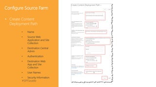 #SPFSeattle @pgbhoyar
• Name
• Source Web
Application and Site
Collection
• Destination Central
Admin
• Authentication
• Destination Web
App and Site
Collection
• User Names
• Security Information
• Create Content
Deployment Path
Configure Source Farm
 