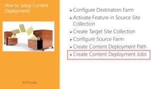 #SPFSeattle @pgbhoyar
How to Setup Content
Deployment? Configure Destination Farm
Activate Feature in Source Site
Collection
Create Target Site Collection
Configure Source Farm
Create Content Deployment Path
Create Content Deployment Jobs
 