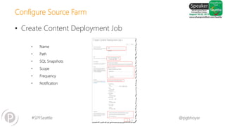 #SPFSeattle @pgbhoyar
• Name
• Path
• SQL Snapshots
• Scope
• Frequency
• Notification
Configure Source Farm
• Create Content Deployment Job
 