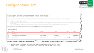 #SPFSeattle @pgbhoyar
Configure Source Farm
• Each farm support maximum 200 Content Deployment Jobs
 