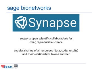 sage bionetworks
supports open scientific collaborations for
clear, reproducible science
enables sharing of all resources ...