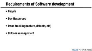 Requirements of Software development
• People
• Dev Resources
• Issue tracking(feature, defects, etc)
• Release management
 