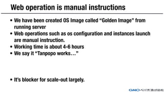 Web operation is manual instructions
• We have been created OS Image called “Golden Image” from
running server
• Web operations such as os configuration and instances launch
are manual instruction.
• Working time is about 4-6 hours
• We say it “Tanpopo works…”
• It’s blocker for scale-out largely.
 