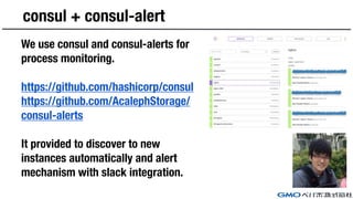 consul + consul-alert
We use consul and consul-alerts for
process monitoring.
https://github.com/hashicorp/consul
https://github.com/AcalephStorage/
consul-alerts
It provided to discover to new
instances automatically and alert
mechanism with slack integration.
 