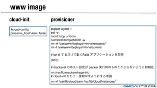 www image
cloud-init provisioner
#cloud-config
preserve_hostname: false
puppet agent -t
set -e
monit stop unicorn
/usr/local/bin/globefish -w
rm -rf /var/www/deploys/minne/releases/*
rm -f /var/www/deploys/minne/current
# tar xf するだけで動くRails アプリケーションを取得
(snip)
# mackerel のホスト設定が packer 実行時のものとかぶらないように初期化
rm /var/lib/mackerel-agent/id
# cloud-init をもう一度動かすようにする準備
rm -rf /var/lib/cloud/sem /var/lib/cloud/instances/*
 