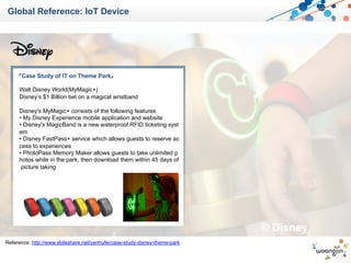 Global Reference: IoT Device
『Case Study of IT on Theme Park』
Walt Disney World(MyMagic+)
Disney’s $1 Billion bet on a magical wristband
Disney's MyMagic+ consists of the following features
• My Disney Experience mobile application and website
• Disney's MagicBand is a new waterproof RFID ticketing syst
em
• Disney FastPass+ service which allows guests to reserve ac
cess to experiences
• PhotoPass Memory Maker allows guests to take unlimited p
hotos while in the park, then download them within 45 days of
picture taking
Reference: http://www.slideshare.net/yanhufei/case-study-disney-theme-park
 