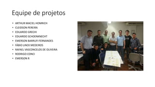 Equipe de projetos
• ARTHUR MACIEL HOMRICH
• CLEIDSON PEREIRA
• EDUARDO GRECHI
• EDUARDO SCHOENKNECHT
• EMERSON BARRUFI FERNANDES
• FÁBIO LINCK MEDEIROS
• RAFAEL VASCONCELOS DE OLIVEIRA
• RODRIGO CONCI
• EMERSON R
 