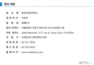 5
회사 개요
회 사 명 : ㈜모바일컨버전스
대 표 이 사 : 이상화
설 립 일 : 2006. 9
본사 / 연구소 : 서울특별시 강남구 봉은사로 326 남전빌딩 7층
미국 연구소 : Sable Networks, 3171 Jay St. Santa Clara, CA 95054
직 원 수 : 44명(국내 29명/해외15명)
전 화 번 호 : 02-521-3936
팩 스 번 호 : 02-553-3936
홈 페 이 지 : www.mobilecvg.com
 
