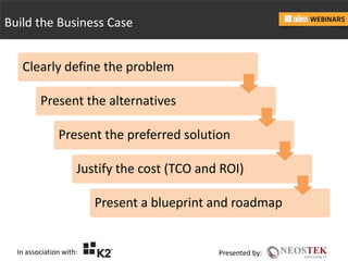 In association with: Presented by:
Build the Business Case
Clearly define the problem
Present the alternatives
Present the...
