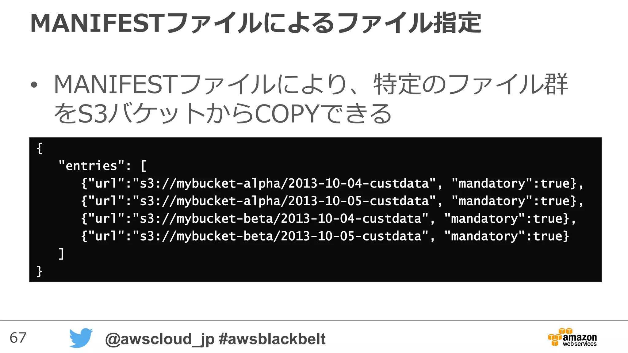 67 @awscloud_jp #awsblackbelt
UDFで利用可能なPythonライブラリ
• import文でライブラリを読み込み可能
• Python 2.7.8標準ライブラリが導入済
– https://docs.python.org/2/library/index.html
– ただし以下は、含まない。
• ScrolledText、Tix、Tkinter、tk、 turtle、smtpd
• 加えて以下のライブラリを含んでいる
– numpy 1.8.2
– pandas 0.14.1
– python-dateutil 2.2
– pytz 2014.7
– scipy 0.12.1
– six 1.3.0
– wsgiref 0.1.2
 