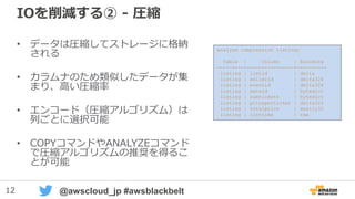 12 @awscloud_jp #awsblackbelt
analyze compression listing;
Table | Column | Encoding
---------+----------------+----------
listing | listid | delta
listing | sellerid | delta32k
listing | eventid | delta32k
listing | dateid | bytedict
listing | numtickets | bytedict
listing | priceperticket | delta32k
listing | totalprice | mostly32
listing | listtime | raw
IOを削減する② - 圧縮
• データは圧縮してストレージに格納
される
• カラムナのため類似したデータが集
まり、高い圧縮率
• エンコード（圧縮アルゴリズム）は
列ごとに選択可能
• COPYコマンドやANALYZEコマンド
で圧縮アルゴリズムの推奨を得るこ
とが可能
 