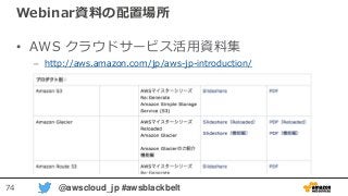 74 @awscloud_jp #awsblackbelt
Webinar資料の配置場所
• AWS クラウドサービス活用資料集
– http://aws.amazon.com/jp/aws-jp-introduction/
 