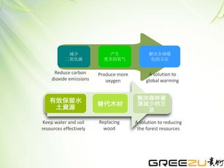 减少
二氧化碳
产生
更多的氧气
解决全球暖
化的方法
Reduce carbon
dioxide emissions
Produce more
oxygen
A solution to
global warming
Keep water and soil
resources effectively
Replacing
wood
A solution to reducing
the forest resources
 