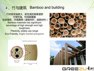 竹材質有強度大、韌性高的顯著優勢
可塑性強、利用範圍廣
低碳環保、市場廣闊（建築材料，裝飾材料）
Bamboo materials has significant
advantage of high strength and high
toughness
Plasticity, widely use range
Eco-Friendly, bright market prospects
4 、竹与建筑 Bamboo and building
 
