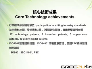 行業標準參與制定單位 participation in writing industry standards
技術專利27顯，發明專利3顯，外觀專利5顯目，實用新型專利19顯
27 technology patents, 3 invention patents, 5 appearance
patents, 19 utility model patents
ISO9001管理體系認證，ISO14001環境體系認證，美國FSC森林管理
體系認證
ISO9001, ISO14001, FSC
核心技術成果
Core Technology achievements
 