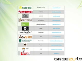 BESTSOLTI SAC www.bestsolti.com
BAUHAUS www.bauhaus.ch/de/
LAMBOO www.lamboo.us
MATIMCOMA www.matimco.com
bamboo Intelnational bambooint.com.hk
HOUE www.houe.com
Bambootep www.bambooteq.com
Viro www.virobuild.com
Greenington bamboooutdoorfurniture.com
Timber www.timbertrading.it/en/
ATC www.atcbv.com/en/stables
Alwiti www.alwiti.nl
 