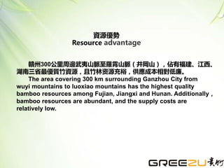 資源優勢
Resource advantage
贛州300公里周邊武夷山脈至羅霄山脈（井岡山），佔有福建、江西、
湖南三省最優質竹資源，且竹林资源充裕，供應成本相對低廉。
The area covering 300 km surrounding Ganzhou City from
wuyi mountains to luoxiao mountains has the highest quality
bamboo resources among Fujian, Jiangxi and Hunan. Additionally，
bamboo resources are abundant, and the supply costs are
relatively low.
 