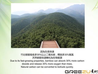 因為生長快速
竹比樹能吸收多30%以上二氧化碳，釋放多35%氧氣
天然碳能快速轉化為生物能源
Due to its fast-growing properties, bamboo can absorb 30% more carbon
dioxide and release 35% more oxygen than trees.
Natural carbon can be converted to biofuels quickly.
 