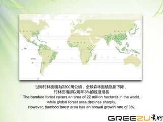 世界竹林面積為2200萬公頃，全球森林面積急劇下降，
竹林面積卻以每年3%的速度增長
The bamboo forest covers an area of 22 million hectares in the world,
while global forest area declines sharply.
However, bamboo forest area has an annual growth rate of 3%.
 