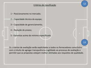 Critérios de classificação
1 – Posicionamento no mercado;
2 – Capacidade técnica da equipe;
3 – Capacidade de gerenciamento;
4 – Redução de prazos;
5 - Garantias acima do mínimo especificado.
Os critérios de avaliação serão explicitados a todos os fornecedores convidados
com o intuito de agregar transparência e agilidade ao processo de avaliação e
permitir que as propostas estejam melhor alinhadas aos requisitos de qualidade.
12
13
 