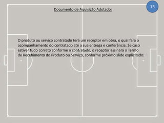 Documento de Aquisição Adotado:
15
O produto ou serviço contratado terá um receptor em obra, o qual fará o
acompanhamento do contratado até a sua entrega e conferência. Se caso
estiver tudo correto conforme o contratado, o receptor assinará o Termo
de Recebimento do Produto ou Serviço, conforme próximo slide explicitado:
 