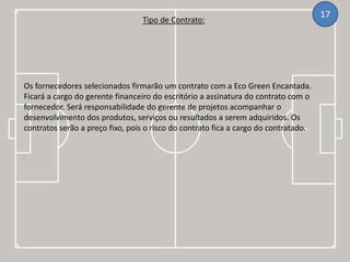 Tipo de Contrato:
17
Os fornecedores selecionados firmarão um contrato com a Eco Green Encantada.
Ficará a cargo do gerente financeiro do escritório a assinatura do contrato com o
fornecedor. Será responsabilidade do gerente de projetos acompanhar o
desenvolvimento dos produtos, serviços ou resultados a serem adquiridos. Os
contratos serão a preço fixo, pois o risco do contrato fica a cargo do contratado.
 