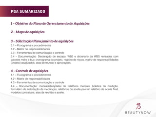 PGA SUMARIZADO
1 – Objetivo do Plano de Gerenciamento de Aquisições 
2 – Mapa de aquisições 

3 – Solicitação/Planejamento de aquisições 
3.1 – Fluxograma e procedimentos
3.2 – Matriz de responsabilidades
3.3 – Ferramentas de comunicação e controle
3.4 – Documentação: Declaração de escopo, WBS e dicionário da WBS revisados com
pacotes make e buy, cronograma do projeto, registro de riscos, matriz de responsabilidades
(projeto) atualizados, atas de reunião e aprovações.
4 – Controle de aquisições 
4.1 – Fluxograma e procedimentos
4.2 – Matriz de responsabilidades
4.3 – Ferramentas de comunicação e controle
4.4 – Documentação: modelos/templates de relatórios mensais, boletins de medição,
formulário de solicitação de mudanças, relatórios de aceite parcial, relatório de aceite ﬁnal,
modelos contratuais, atas de reunião e aceite.
 