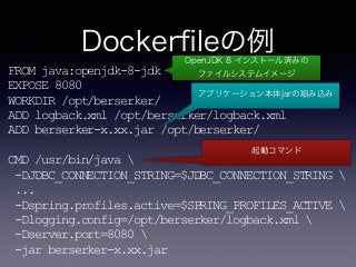 Dockerﬁleの例
FROM java:openjdk-8-jdk 
EXPOSE 8080 
WORKDIR /opt/berserker/ 
ADD logback.xml /opt/berserker/logback.xml 
ADD berserker-x.xx.jar /opt/berserker/ 
 
CMD /usr/bin/java  
-DJDBC_CONNECTION_STRING=$JDBC_CONNECTION_STRING  
... 
-Dspring.profiles.active=$SPRING_PROFILES_ACTIVE  
-Dlogging.config=/opt/berserker/logback.xml  
-Dserver.port=8080  
-jar berserker-x.xx.jar
OpenJDK 8 インストール済みの
ファイルシステムイメージ
アプリケーション本体jarの組み込み
起動コマンド
 