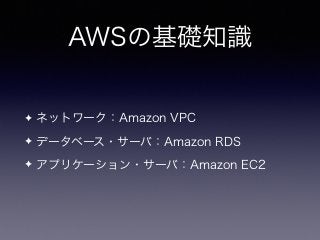 AWSの基礎知識
✦ ネットワーク：Amazon VPC
✦ データベース・サーバ：Amazon RDS
✦ アプリケーション・サーバ：Amazon EC2
 