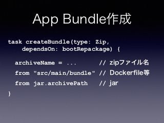 App Bundle作成
task createBundle(type: Zip, 
dependsOn: bootRepackage) { 
 
archiveName = ... // zipファイル名 
from "src/main/bundle" // Dockerﬁle等 
from jar.archivePath // jar 
}
 